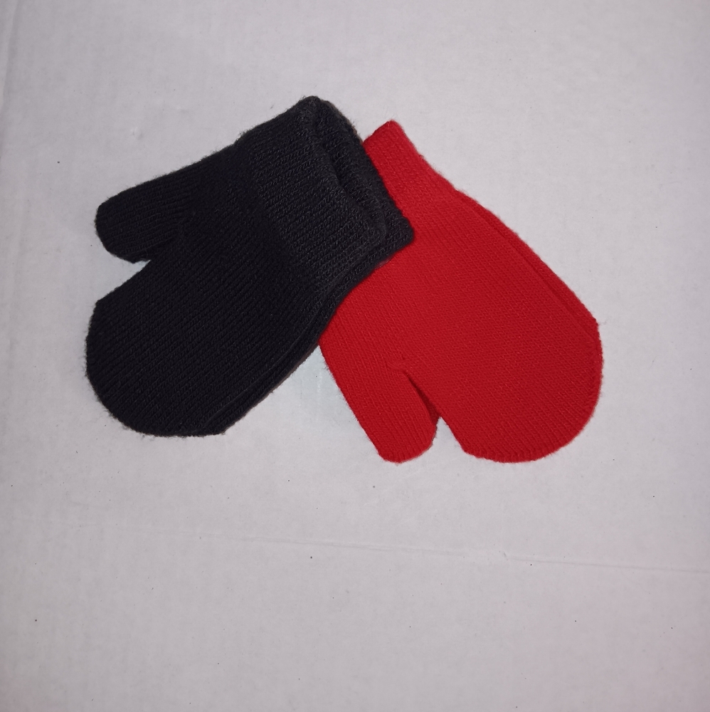 2 Pairs of Knit Mittens Black and Red Mitten Toddler Baby